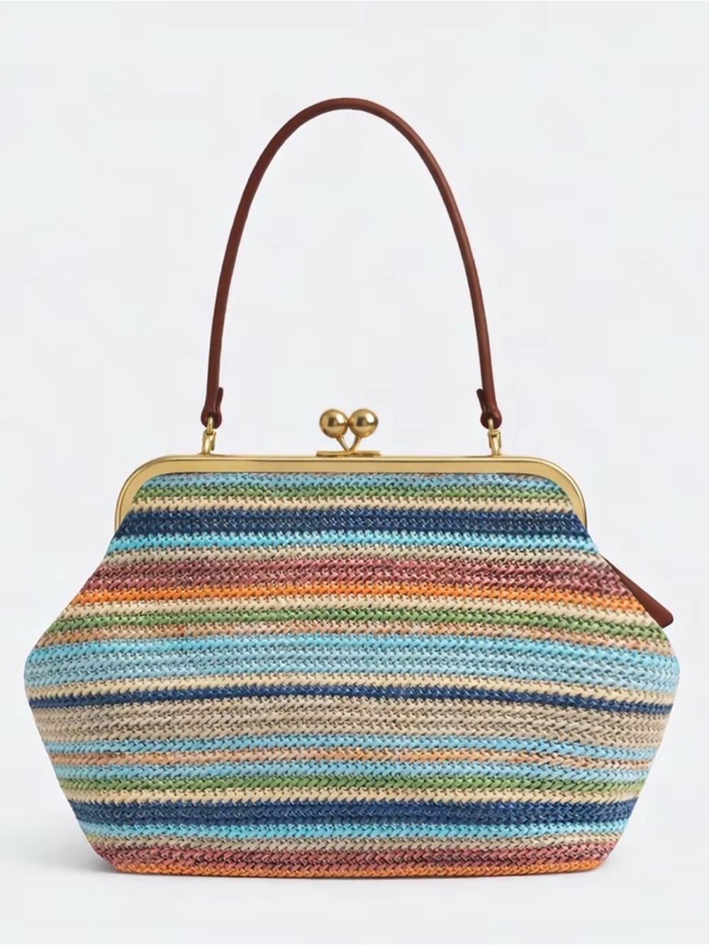 Multi-Stripe Straw Frame Kiss Lock Top-Handle Bag